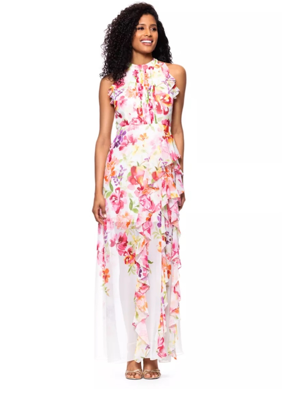 Betsy & Adam Pink Floral Ruffle Halter Maxi Dress